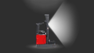 Ein mit dem Linde VertiLight ausgestatteter Schubmaststapler von Linde MH. Ein mit dem Linde VertiLight ausgestatteter Schubmaststapler von Linde MH.