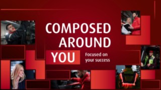 Grafik der LogiMAT. In der Mitte auf rotem Hintergrund der Schriftzug "Composed around you. Focused von your success." Drum herum sechs Bilder von Mitarbeitenden bei Linde Material Handling.