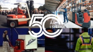 2024 feiert Linde MH sein 50-jähriges Bestehen in Schweden. Collage mit vier Bildern, die Stapler und Menschen zeigen