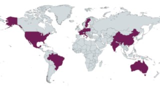 Weltkarte mit hervorgehobenen internationalen Standorten und Märkten